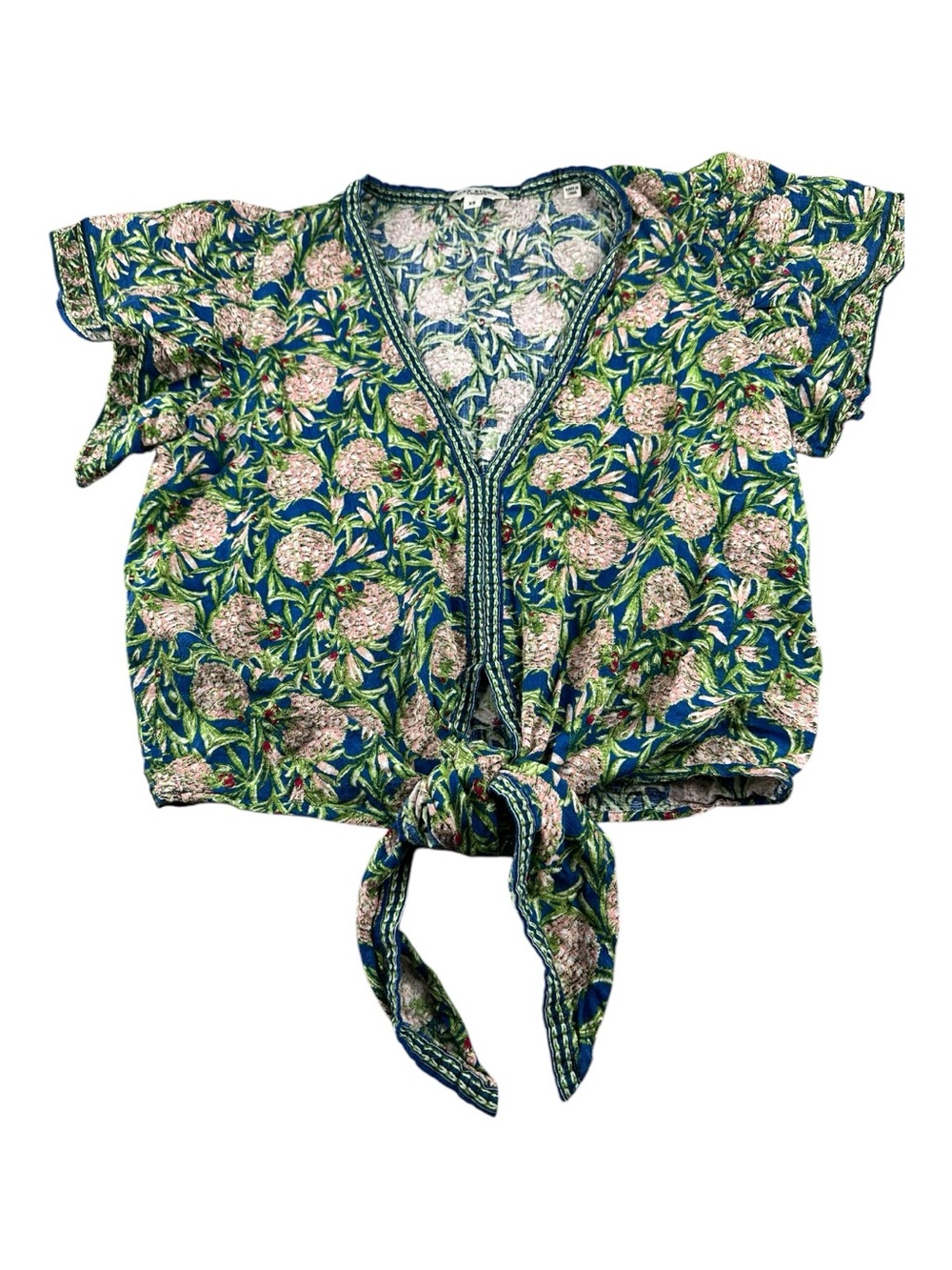 Max Studio London Floral Tie Front Blouse XS Blue Green Boho - Picture 8 of 12